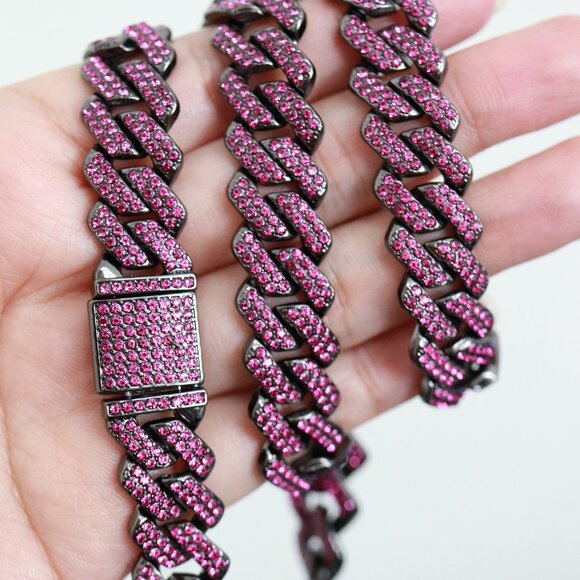 14mm 20inches Cuban Ice Curb Diamond Chain Purple/Black Necklace with Rhinestone - Picture 3 of 3